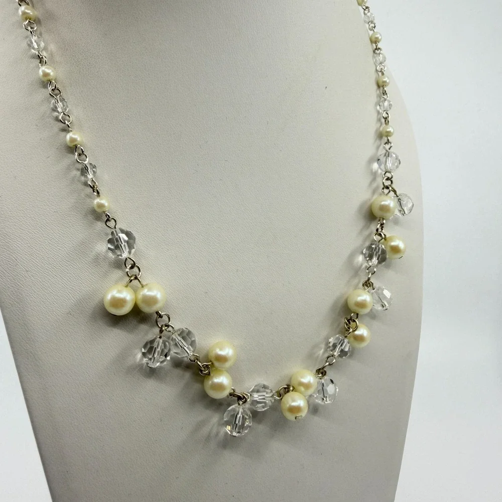 Elegant Faux Pearl & Clear Crystal Bead Statement Necklace Cottagecore Romantic